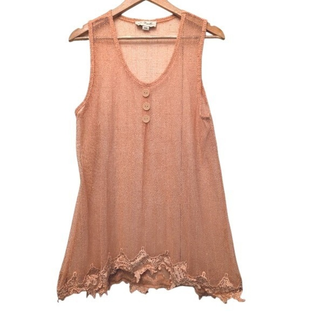 Simply Noelle Peach Mesh Lace Trim Tunic Top Sleeveless Boho L/XL 12-14